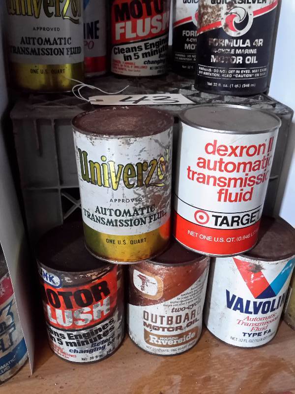 lot 43 image: Misc. Oils and Automotive Liquids.. Most cans full