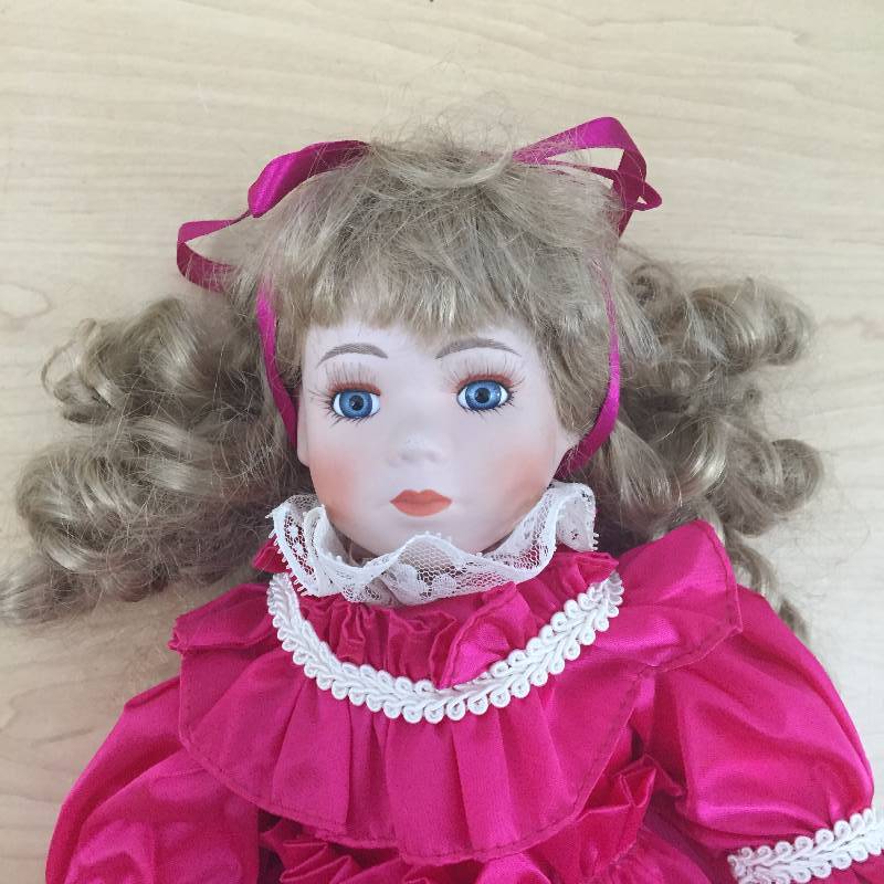 Vintage 16 Porcelain Doll with Blue Glass Eyes Eyelashes Long Curly Hair Wire Throughout Porcelain Head Neck Forearms Hands Calves Ankles Feet Darling Snap Shoes & Bird Cage - Very Nice Condition  From a West Suburban Estate