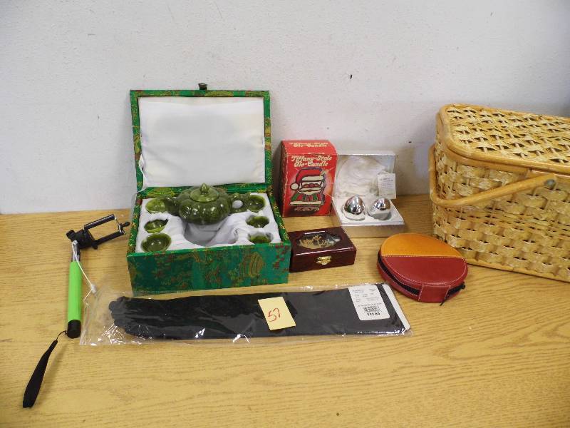 lot 57 image: Jade Tea Set, Bible CDs w Basket
