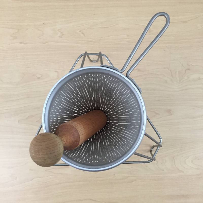 Vintage Metal China Cap JELLY FOOD STRAINER Sieve CANNING PRESS 3 Piece WITH HANDLE & STAND Original Wood Pestle - Great Shape For Age