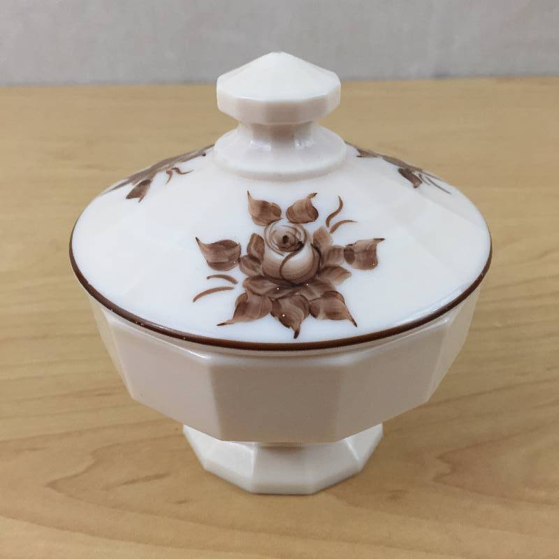 RARE Vintage Westmoreland Candy Jar Lidded Trinket Holder Almond Leaf Painted Flowers Pedestal