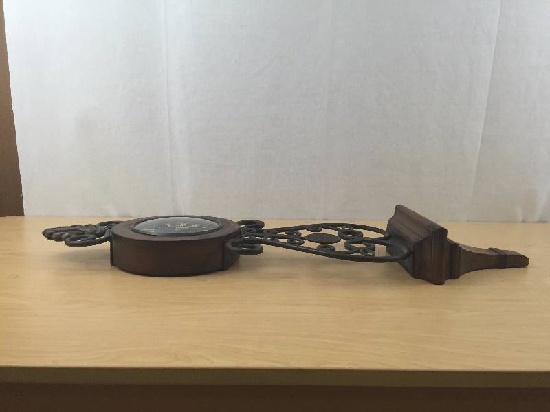 Lovely Large 36 Mediterrenean Hacienda Style Wood & Scrolled Wrought Iron Wall Clock - Works - Small Repair to wood corner bottom shelf - please see picture