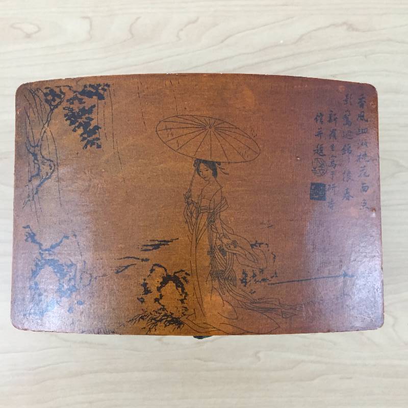 Vintage Asian Chinese Wood Jewelry Trinket Box Lovely Scenes & Lettering