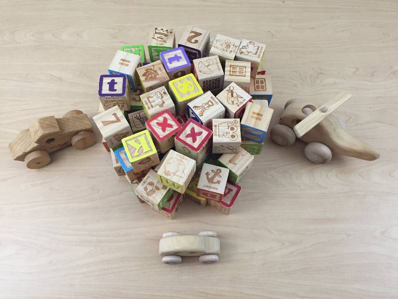90 Quality Handmade by Different Drummer Solon MAine Wooden Childrens Play ABCs Numbers Figures Blocks & 3 Toys Car Truck Helicopter - Excellent
