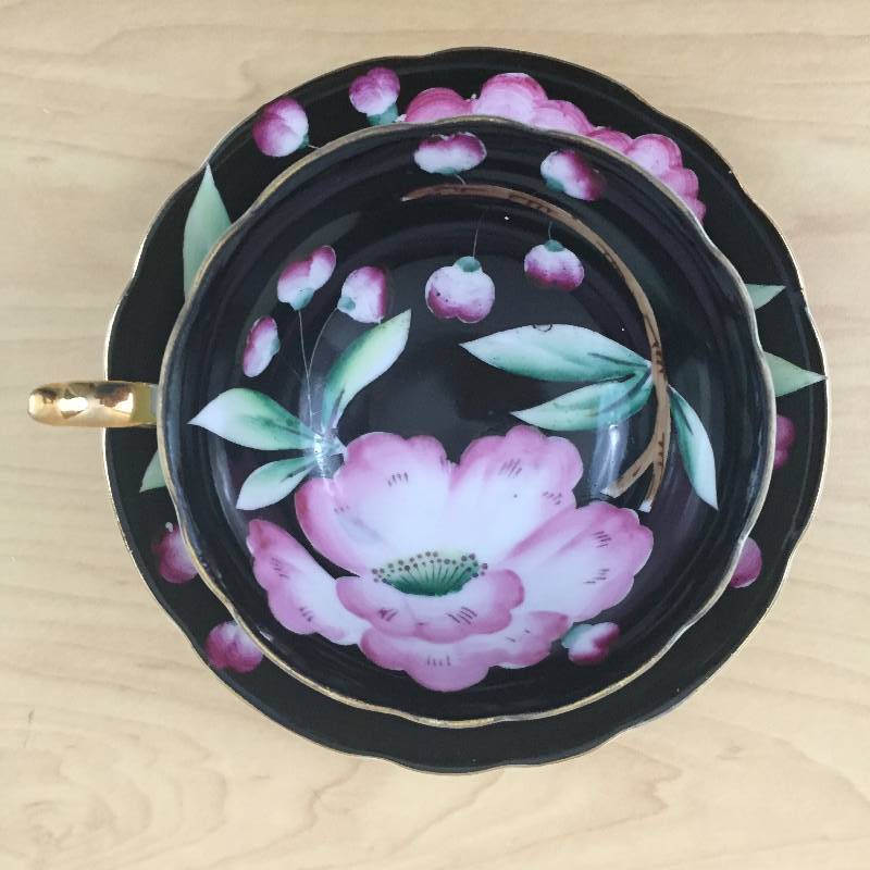 Gorgeous Vintage China Cup & Saucer Made in Occupied Japan 1946-1947 Black Floral - Excellent