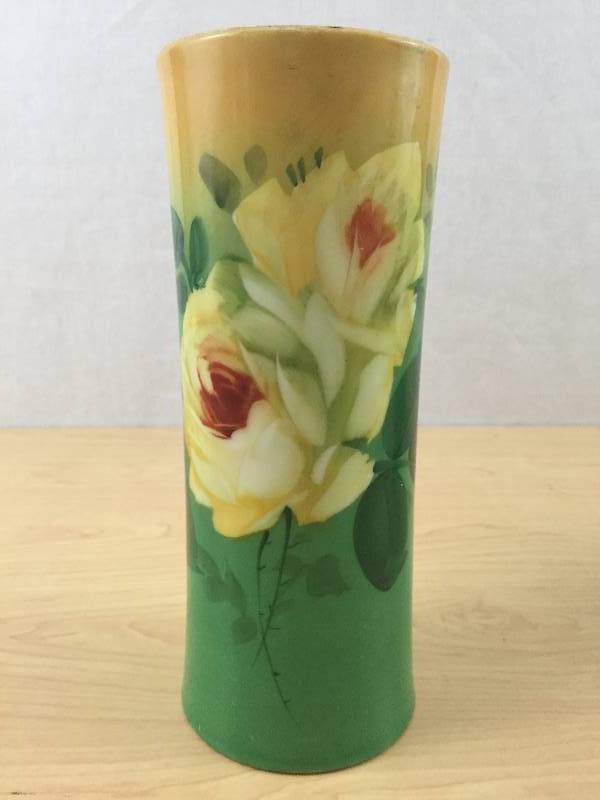 Gorgeous & Simply Stunning Mid Century Matching Pair 1940s Vintage Hand Painted 9 Large Milk Glass Yellow Rose Vases - light wear due to age but still breathtakingly gorgeous