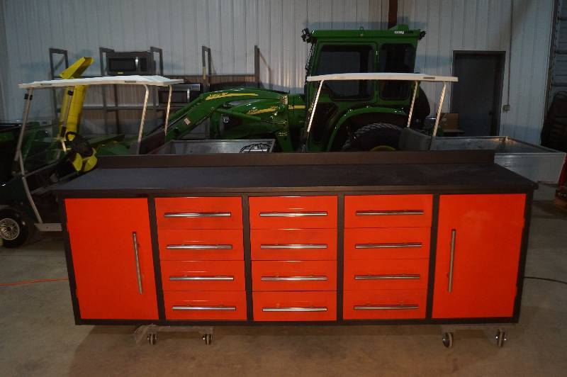 Red all metal 12 drawer, 2 door workbench, 112 34w x 36h x 27 34d