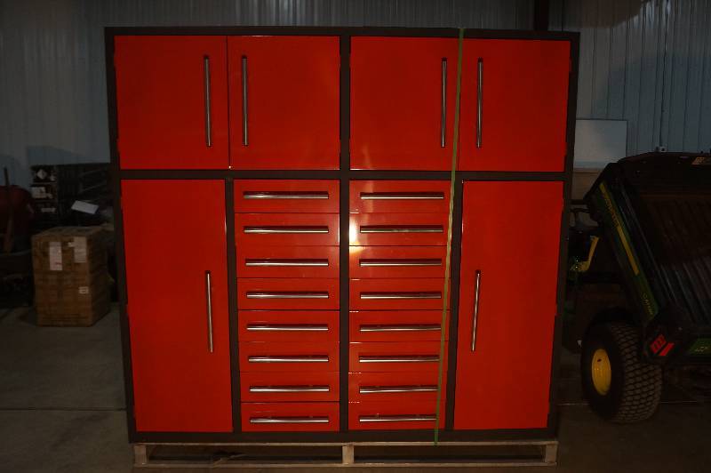 Red all metal 16 drawer , 6 door all metal storage cabinet, 87w x 80 12h x 23 12d