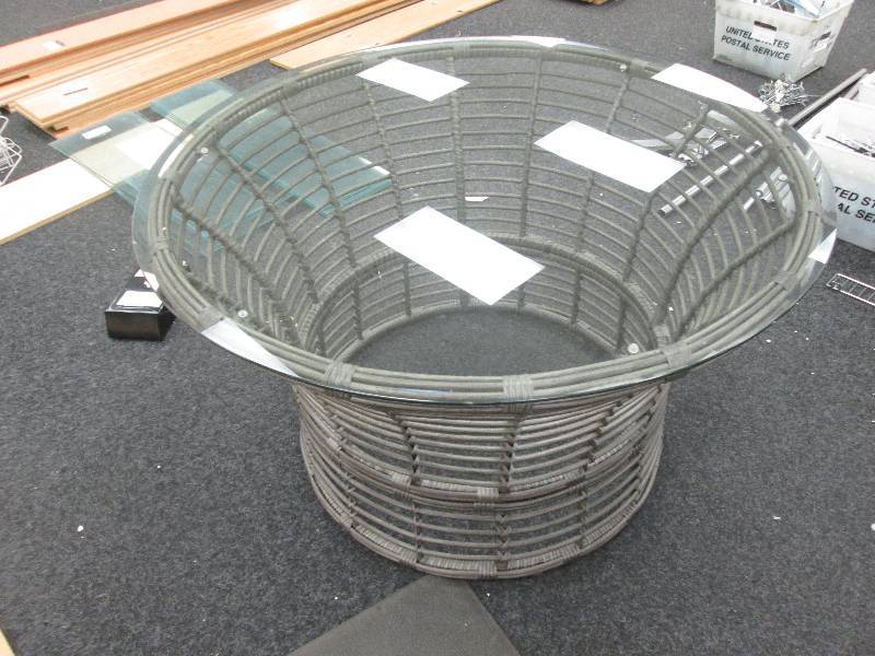 lot 165 image: 45 inch glass top wicker  table- br...