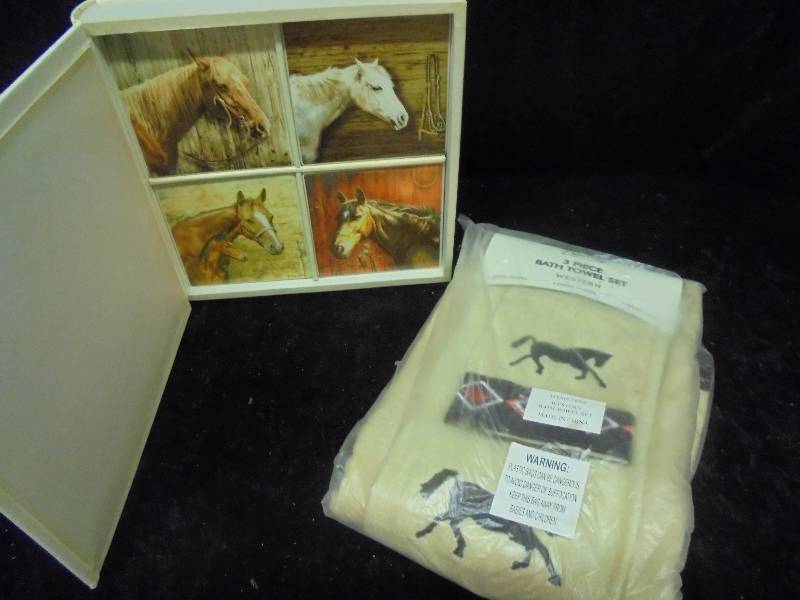 lot 60 image: Western Bath Towel Set & Horse Coasters