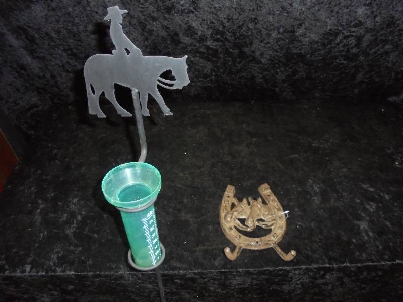 lot 115 image: Lot - Horse Rain Gauge & Metal Horseshoe Hook