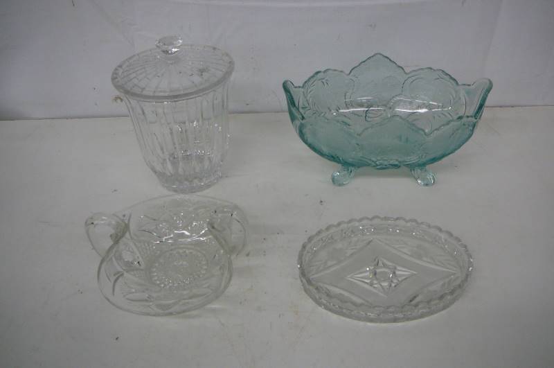 lot 71 image: Glassware, Green glass bowl, Crystal Dish, Crystal candy Dish, crystal candy Jar