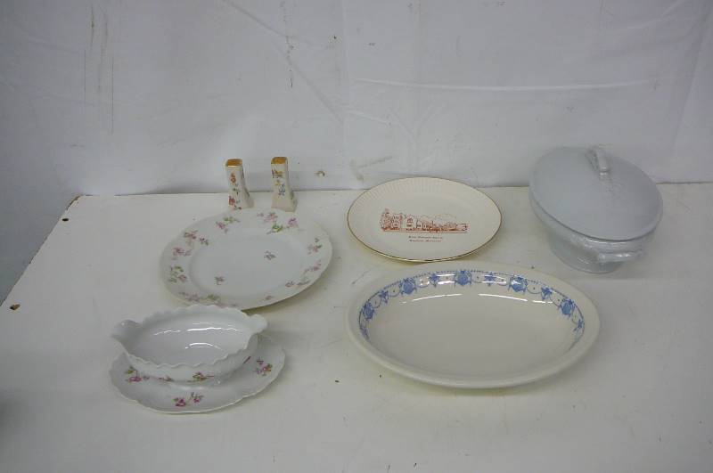 lot 73 image: Habsburg China, gravy boat, plate, salt & Pepper shaker, royal Ironstone china, soup Touraine, O.P.C.D Syracuse china Platter