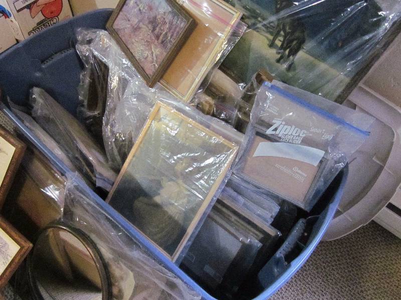 Tub of vintage frames and art