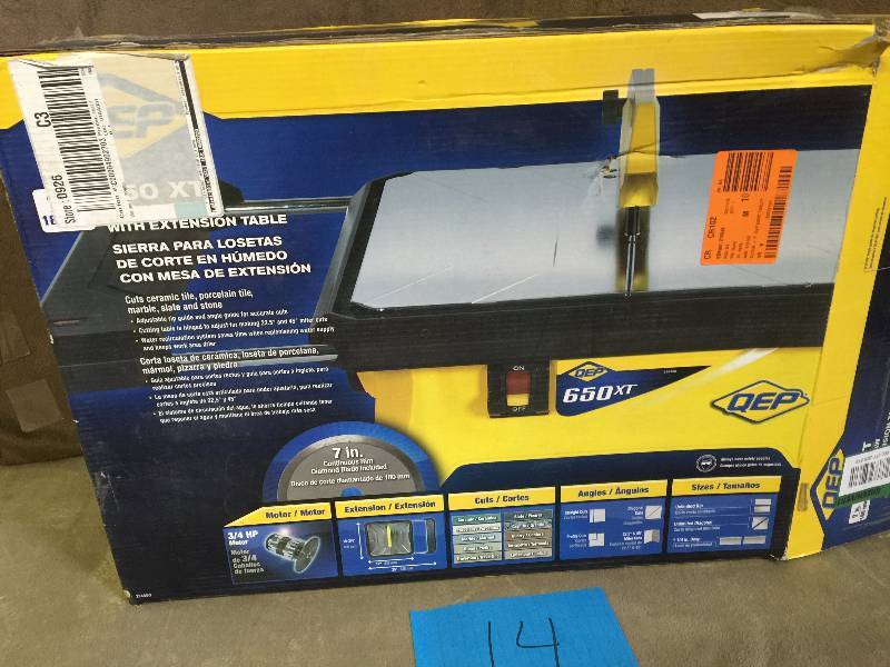 lot 14 image: QEP 34 HP Wet Tile Saw with 7 in. Diamond Blade Model # 22650Q used working conditions