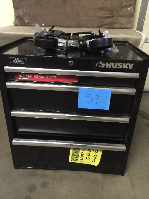lot 57 image: HUSKY 27 in. W 4-Drawer Tool Cabinet, Black MISING KEY