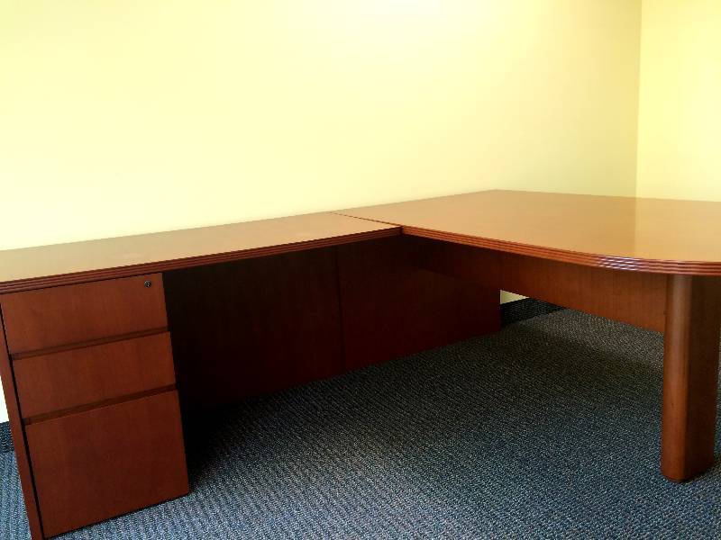 lot 28 image: Beautiful Executive Office Wood 3 Drawer Large 2 Connective Piece Bullet L-Shape Desk, Peninsula Desk - These Run About $1500.00 New - Super Pre-owned Condition Two Faint Water Stains - See Pictures