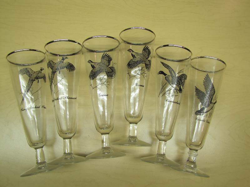 6 Silver Rimmed Beer Glasses Fowl Etchings