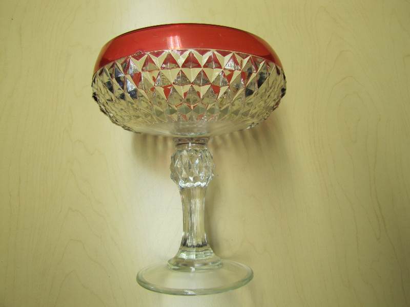 Vintage Indiana Glass Diamond Point Ruby Red Flash Compote Candy Dish