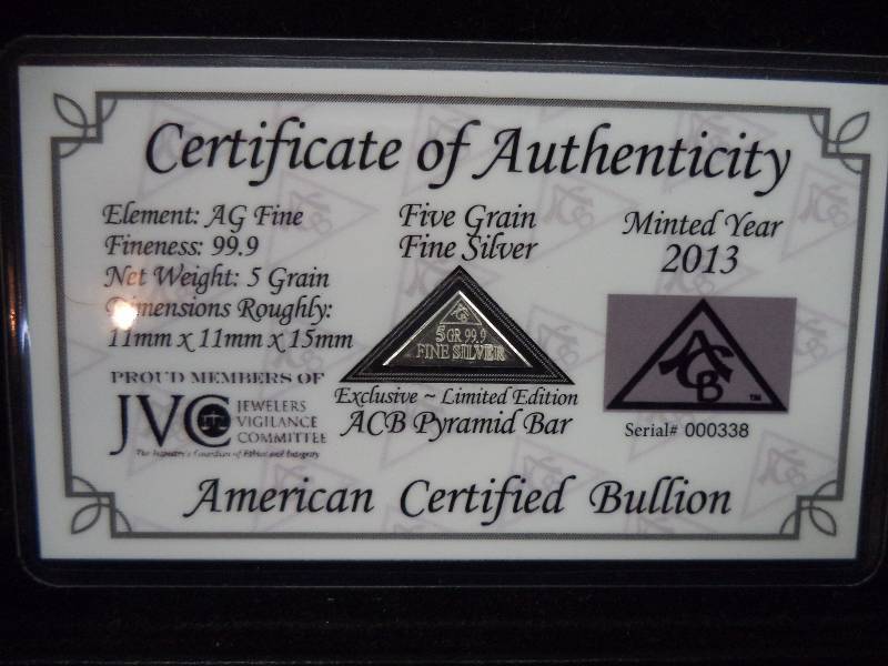 American Ceritfied Bullion - 5 grain fine silver