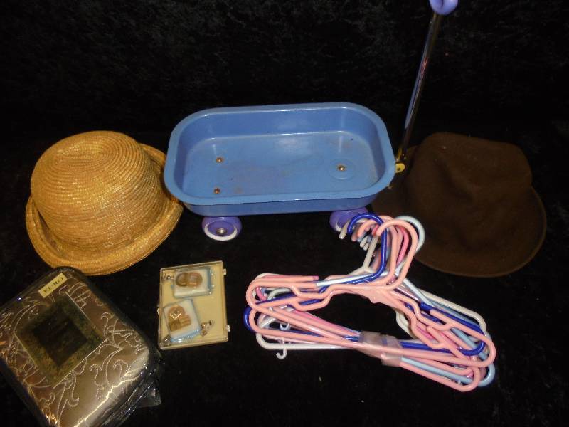 lot 28 image: Lot- Metal Doll Wagon, Hangers, Hats, etc
