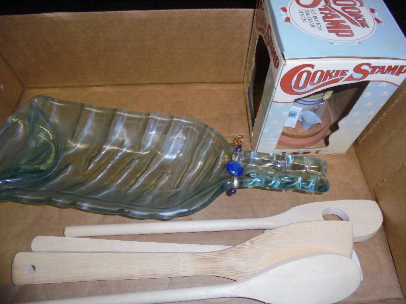 lot 39 image: Lot - Misc Kitchen Utensils, Cookie Stamp, Glass Spoon Rest