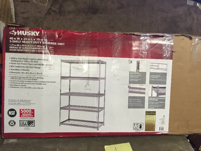 lot 1 image: Husky 48 in. W x 24 in. D x 78 in. H Steel 5 Shelf Model # MR482478W5