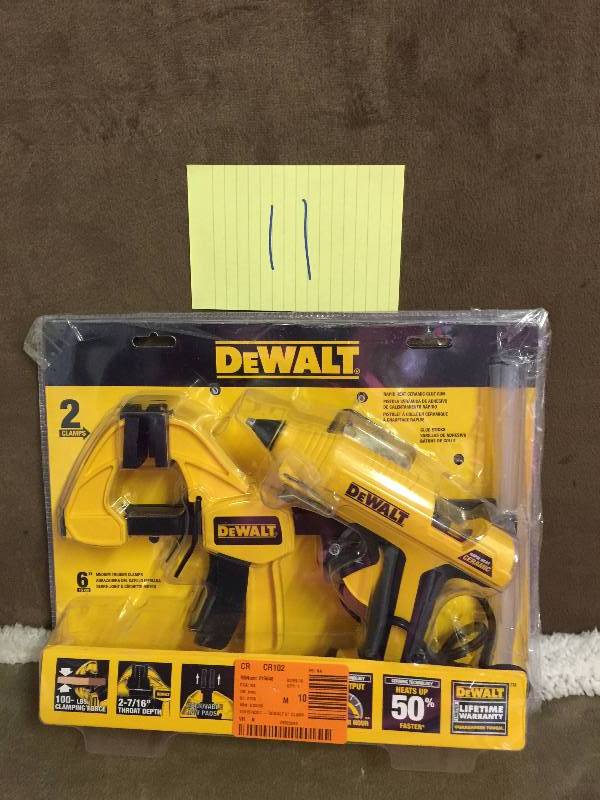 lot 11 image: Dewalt Rapid Heat Ceramic Glue Gun, Sticks and Clamps Combo