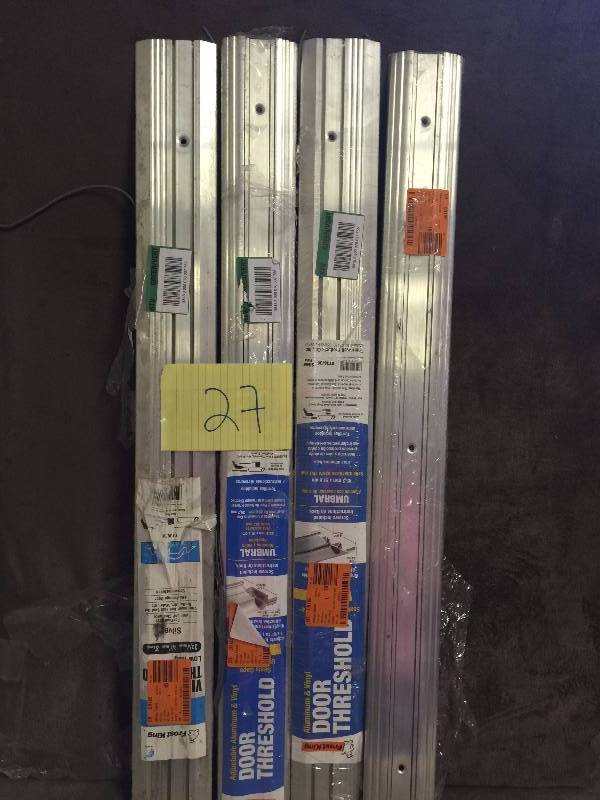 lot 27 image: Lot of 3 Frost King EO 3-12 in. Wide x 36 in. Silver Adjustable Height Threshold