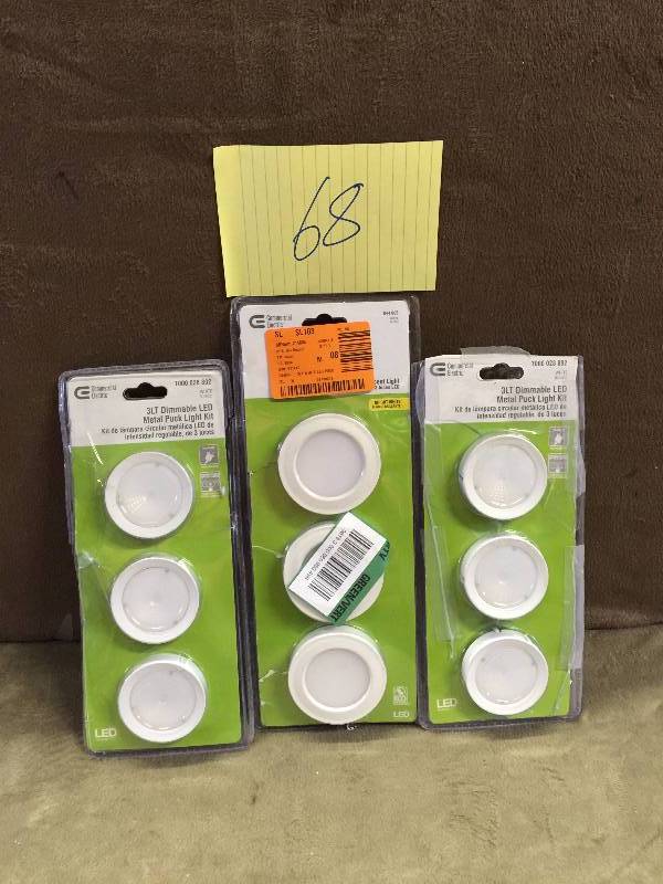 lot 68 image: Lot of 3 Commercial Electric 3-Light LED White Puck Light