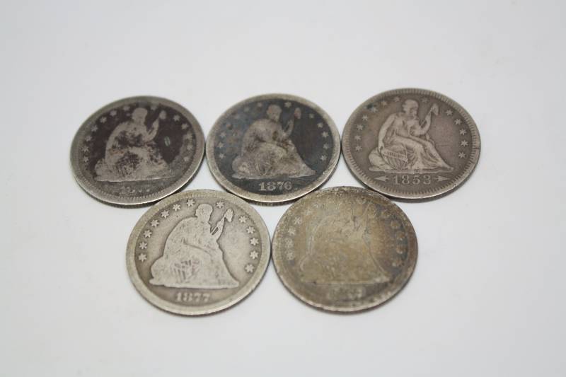 Lot of 5 Seated Quarters (1876,1877 x 3, 1853)