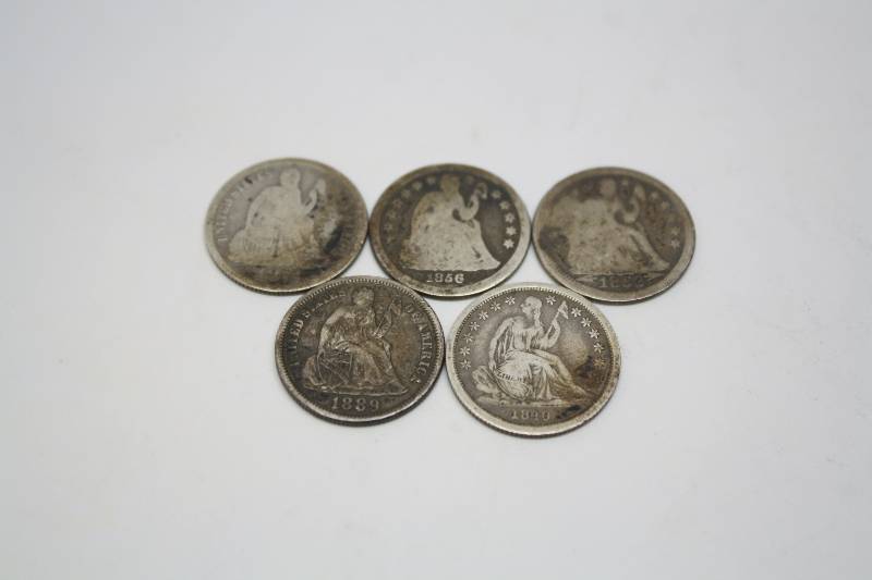 Lot of 5 Seated Dimes (1856-O, 1889-S, 1840, 1875, 1853)