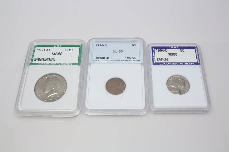 3 Graded Coins   1964-D Nickel, 1918-S Penny, & 1971-D Half Dollar