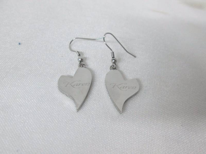lot 71 image: Stainless Steel Personalized Heart Drop Earrings