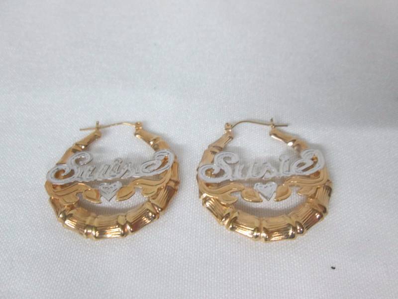 lot 65 image: 18K Gold-Platted Silver Bamboo Name Hoop Earrings
