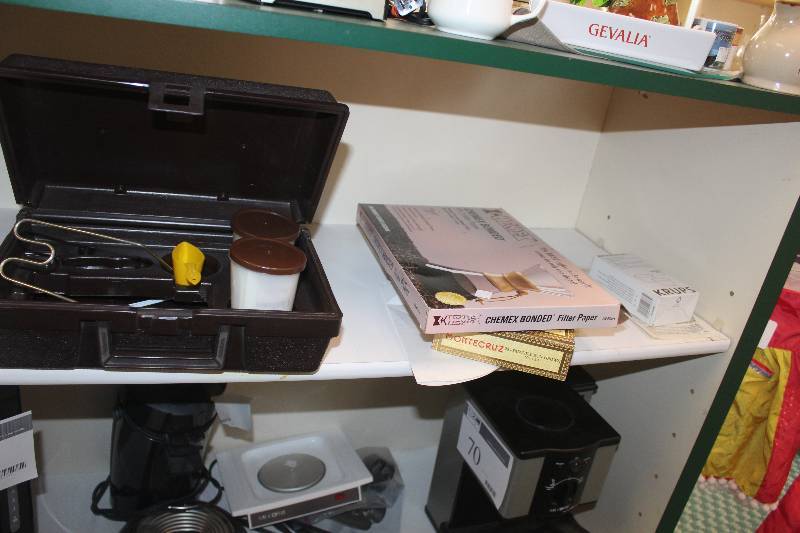 lot 69 image: Shelf Lot of Kitchen Supplies Including Books, Teapot, Filters