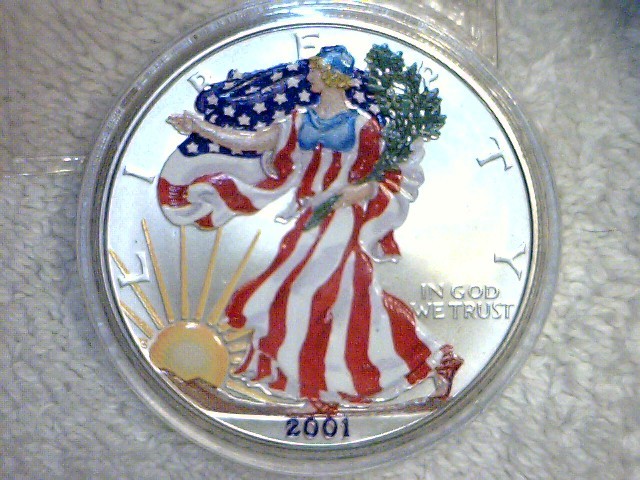 lot 22 image: 2001 P BU Painted Walking Liberty Silver Dollar, one ounce