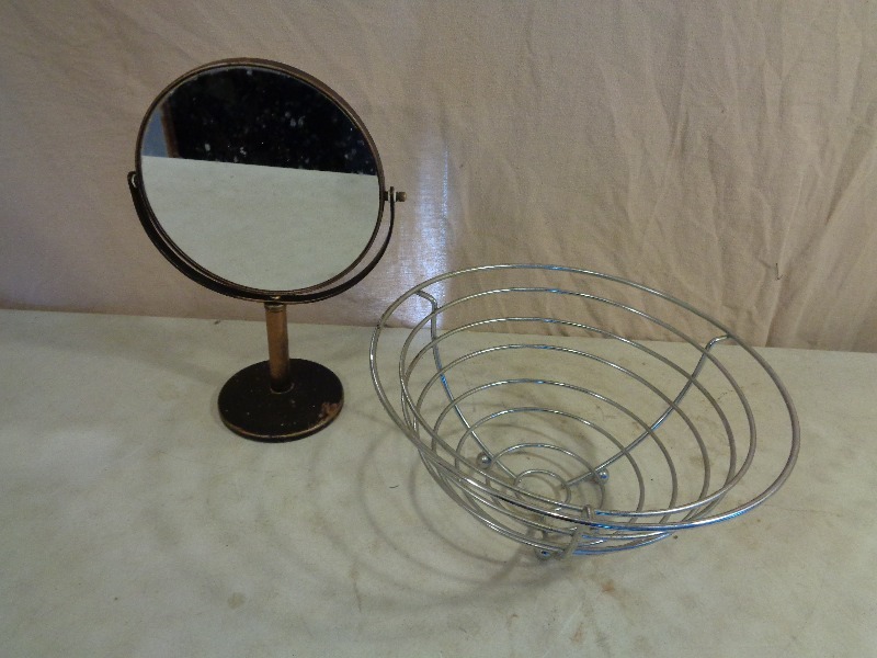 lot 137 image: Double Sided Table Mirror and Metal Basket