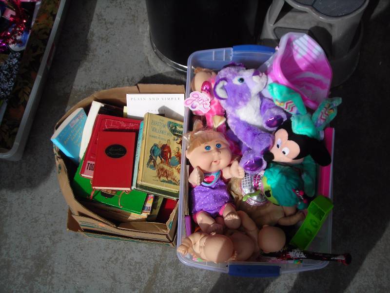 lot 39 image: Tote Full Of Dolls, Blocks, Toys AND Box Of Assorted Books