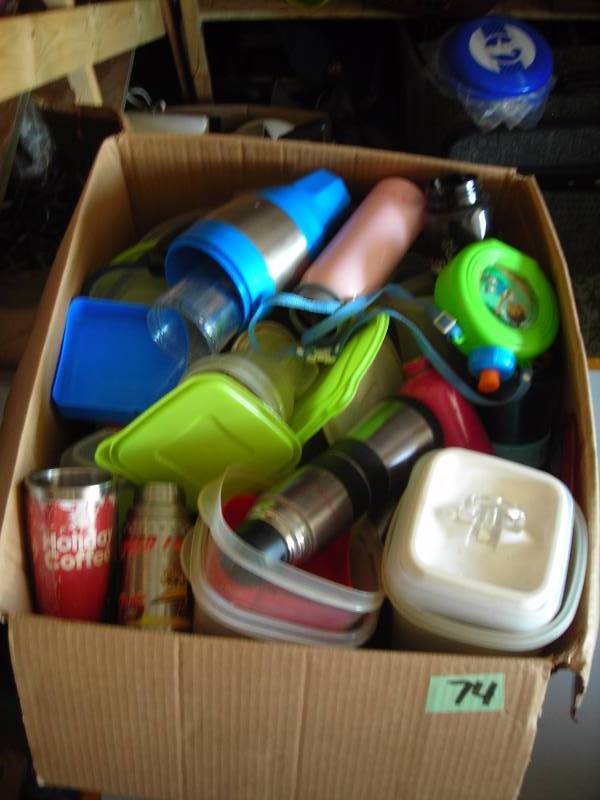 lot 74 image: Box Lot Of Tupperware & Other Food Storage Containers, Travel Cups, More