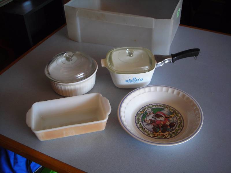 lot 77 image: Corningware & Fireking Casseroles, Watkins Pie Dish