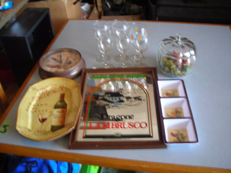 lot 81 image: Framed MirrorPicture, Wine Theme DishesDecor & Stemware