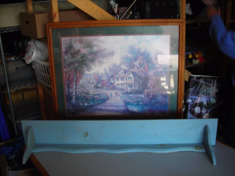 lot 95 image: Framed & Matted Picture Of Victorian House 36x30, Wood Wall Shelf 48 Inches