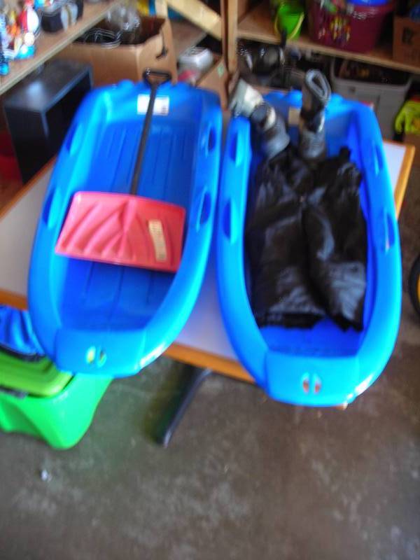 lot 96 image: 2-Plastic Sleds, Shovel, Snow Pants 3T, Boots Little Boy Size 12