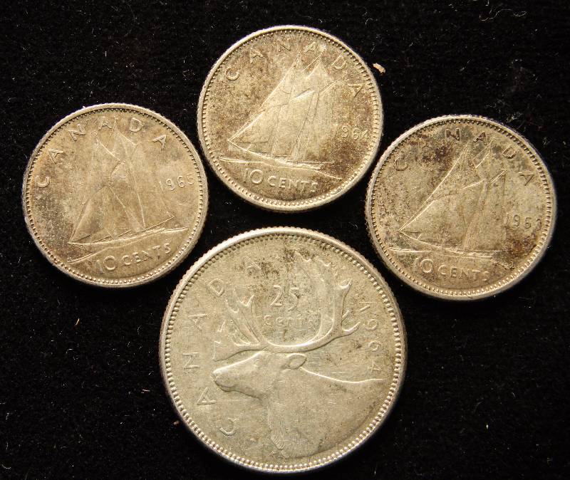 GROUP OF 4 SILVER CANADIAN COINS 1-QUARTER, 3-10C