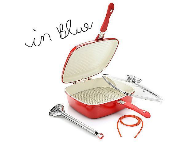 lot 19 image: Cooks Companion Cast Aluminum 5 qt UniVersa Flip Pan w Basting Lid, Tongs & Rack   BLUE
