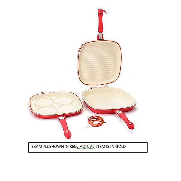 lot 22 image: Cooks Companion Cast Aluminum Ceramic Nonstick Low Pressure Triple Flip Pan  GOLD