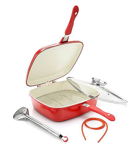 lot 96 image: Cooks Companion Cast Aluminum 5 qt UniVersa Flip Pan w Basting Lid, Tongs & Rack