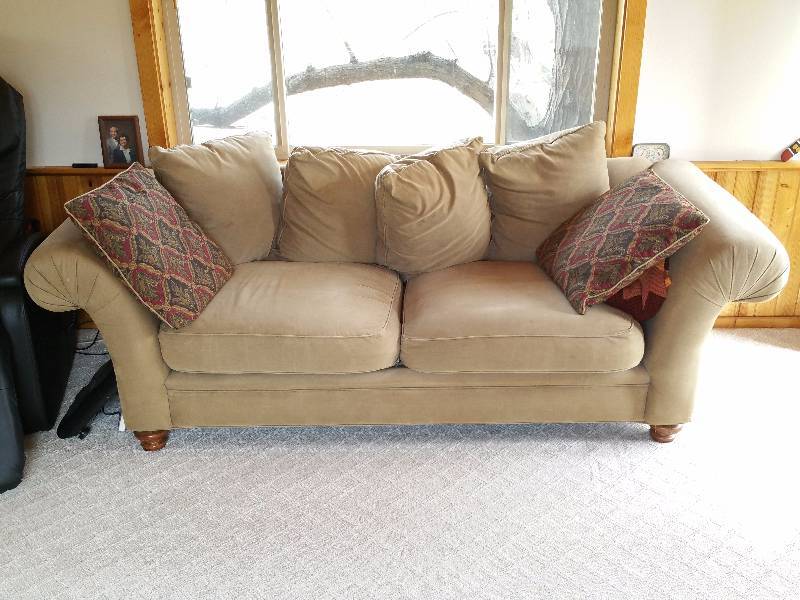 lot 3 image: Cloth Pillow Back Sofa and Pillows