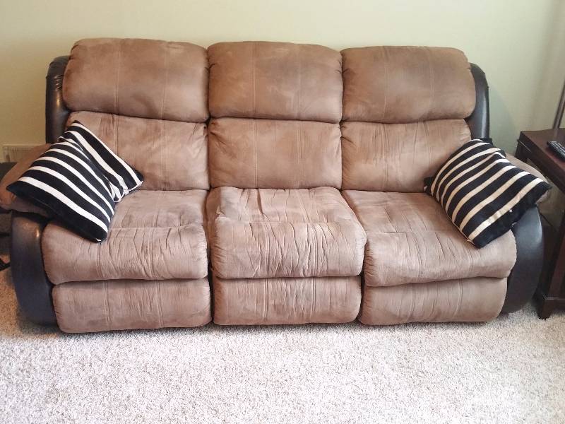 lot 4 image: Two-Tone Brown Microfiber and Leather Reclining Sofa
